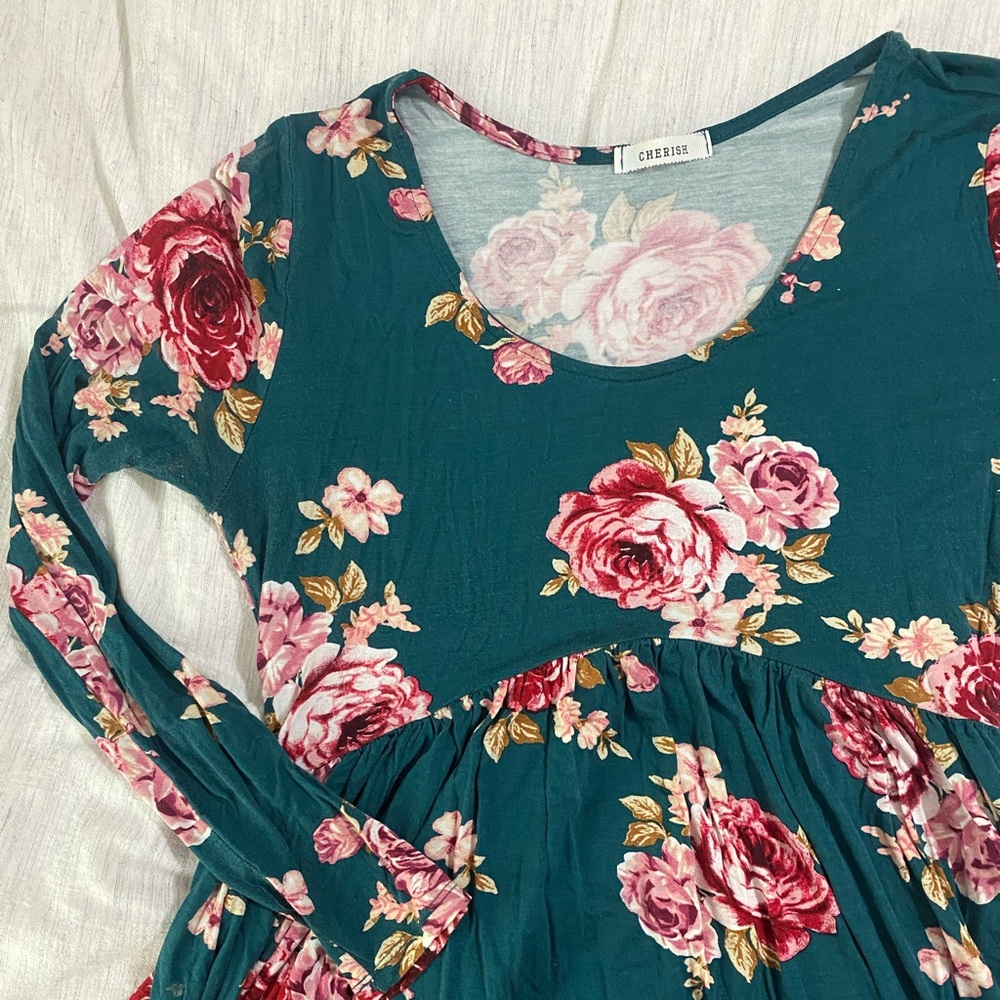 Green Floral Long Sleeve Dress